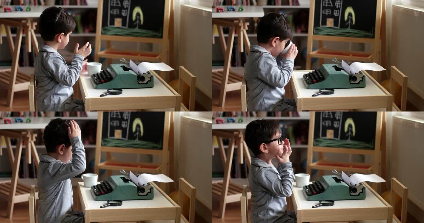 可爱的小作家小孩子老打印机小孩子带眼镜