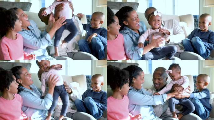 非裔美国人家庭，三个孩子，和婴儿玩耍