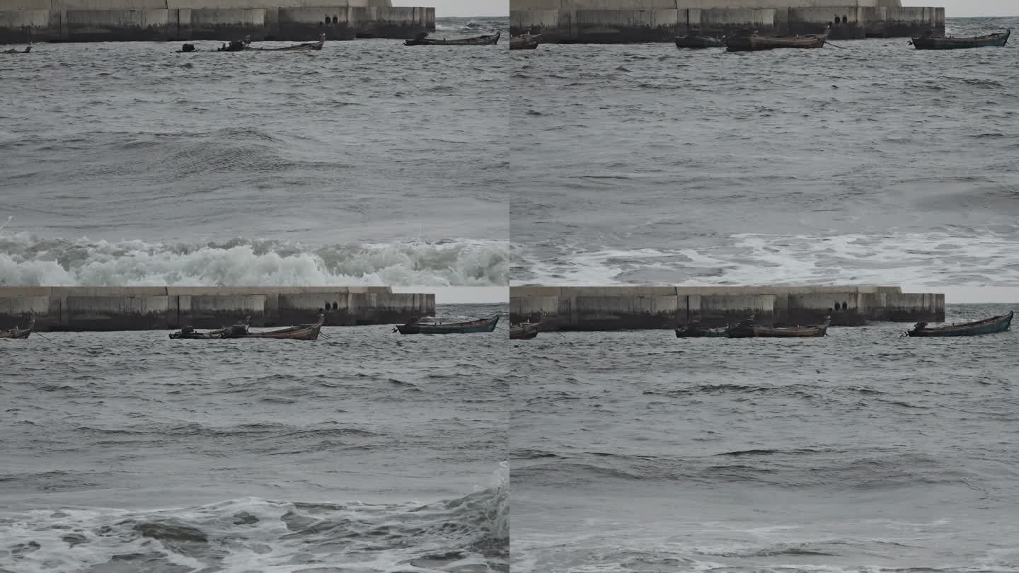 大海小船堤坝码头波浪浪涌海面浪花水波纹