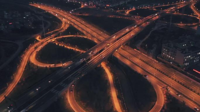 义乌城市交通夜景车流航拍