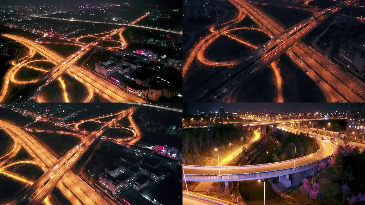义乌城市交通夜景车流航拍
