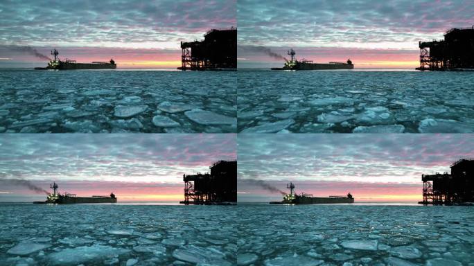 史诗般的巨型钢制破冰船上方的高空通过船头破冰，漂浮在巨大的海上浮冰中。股票视频