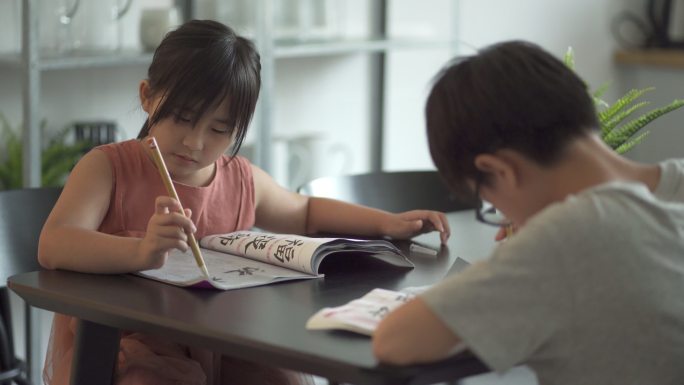 亚洲华人兄弟姐妹在家练习书法