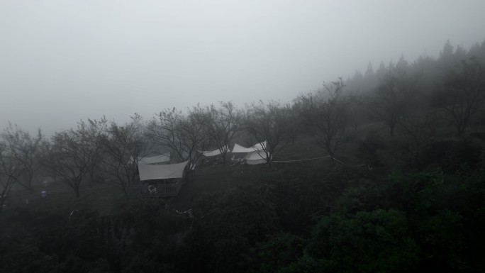 清晨浓雾弥漫的山顶露营地 露营 山顶露营