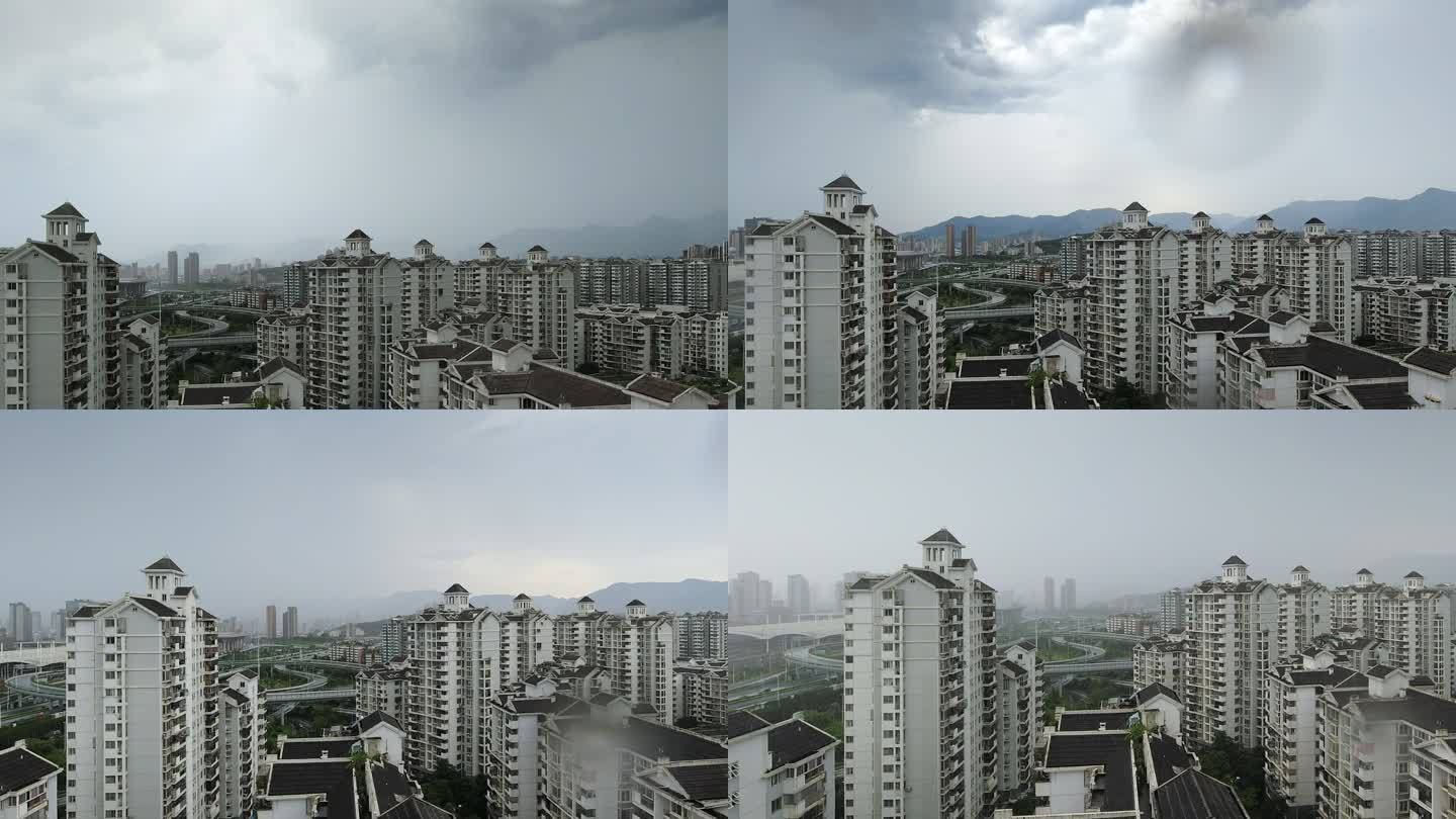 城市雨景延时摄影城市乌云下雨雨滴