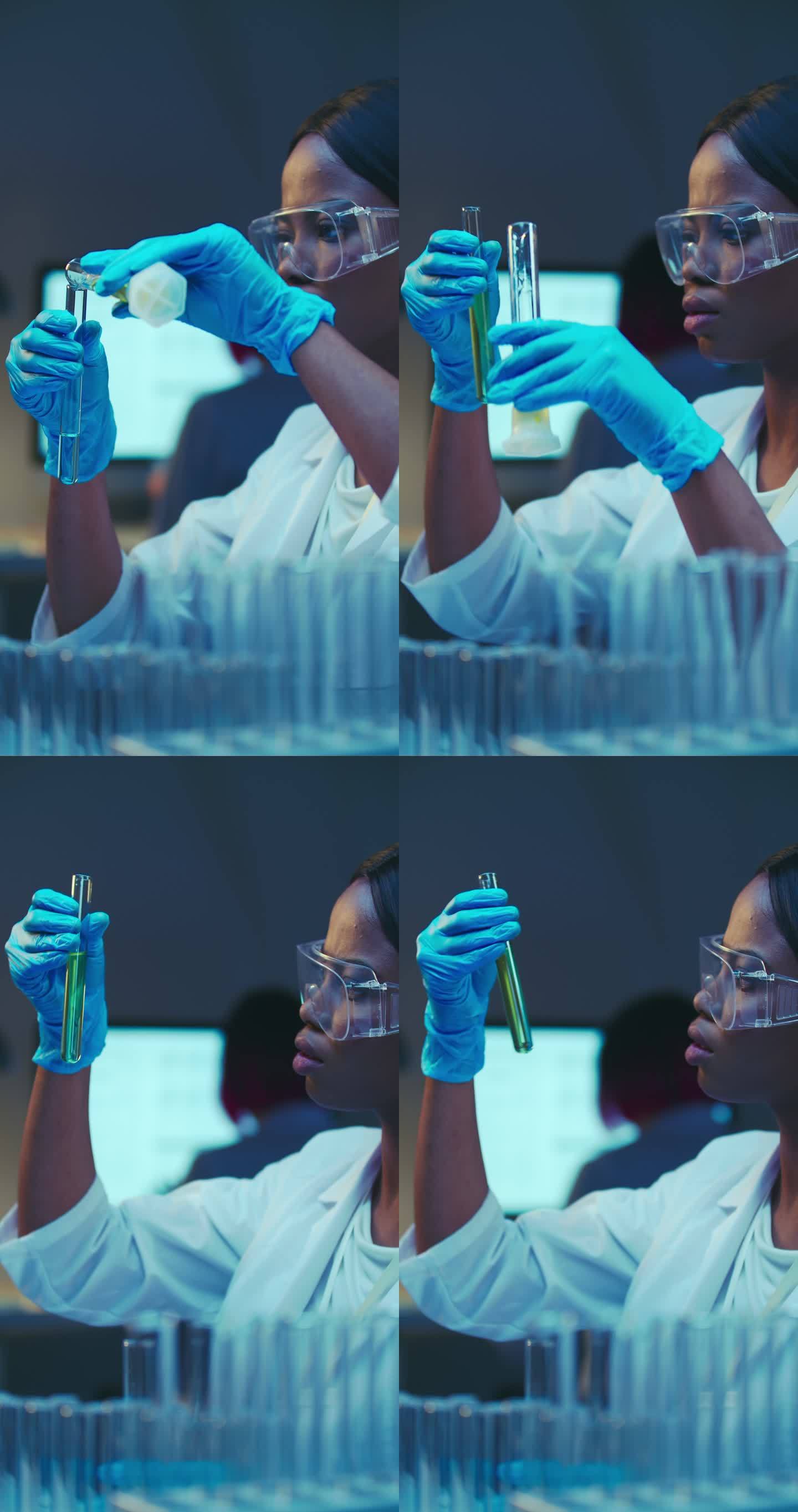 一位年轻的非裔美国医学生身穿白色实验服，在现代实验室里用烧瓶工作的侧面特写