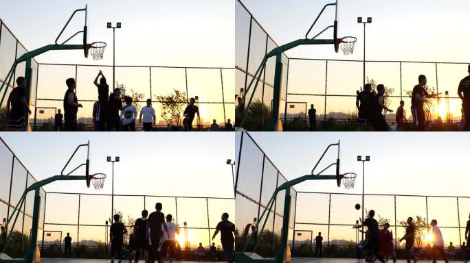 夕阳下打篮球的人