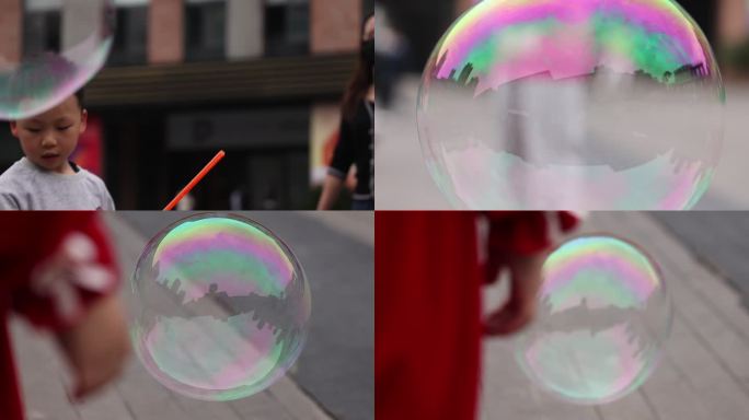 小孩游戏玩耍吹气泡泡泡机飘动肥皂水球状体