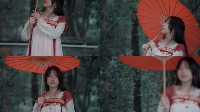 【4K原创版权】古风美女撑太阳伞走过树林