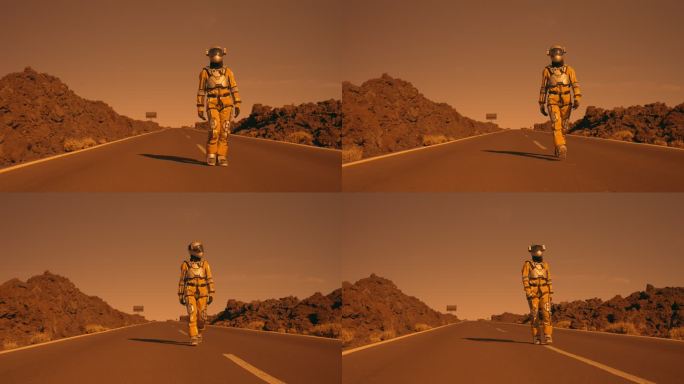 火星上的超现实行走。沿沙漠公路奔跑的女宇航员