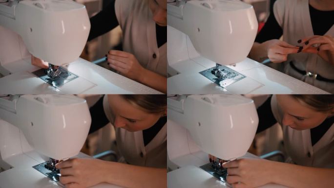 MS无法识别的女裁缝在缝纫机上准备缝纫针工作