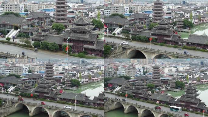 四川省德阳市罗江区太平廊桥与潺亭水城航拍