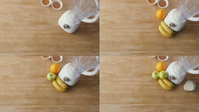 新鲜水果、香蕉、绿色、苹果、浆果、坚果和橙子的俯视图，以及用于制作健康奶昔、健康饮食和营养、碱性和素