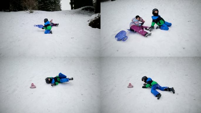 厄运孩子们在雪地上骑得太快，在雪橇上撞车