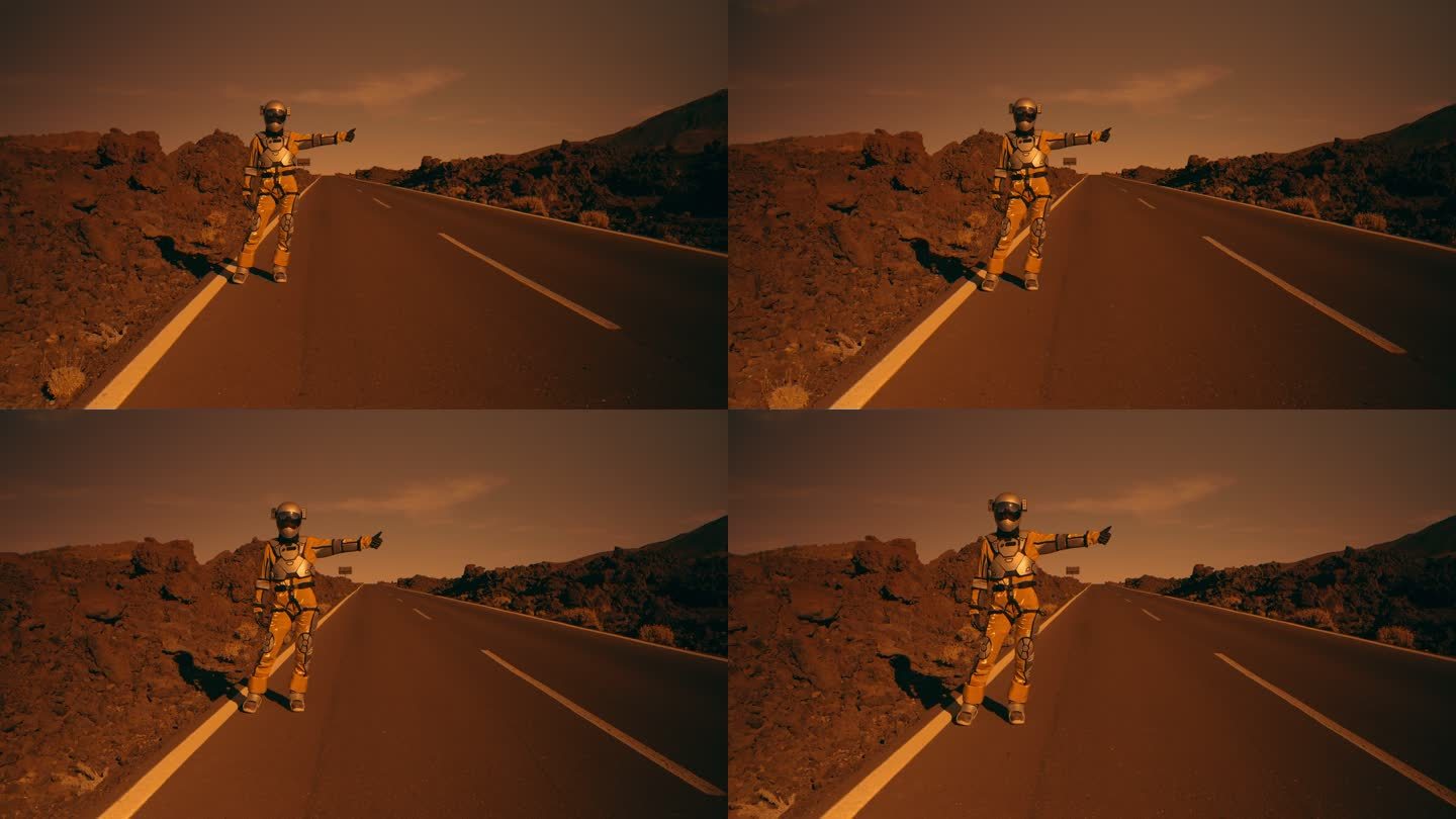 火星上的超现实旅行。女宇航员搭乘沙漠公路