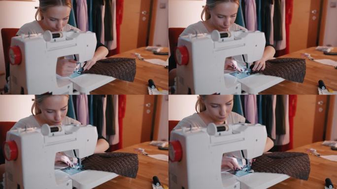 MS年轻女裁缝在工作室用缝纫机缝纫