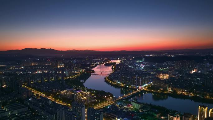 4K黄山市屯溪区夜景晚霞黄昏航拍车流