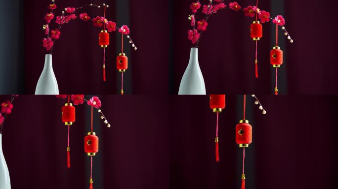 装饰性樱花树，挂着鲜艳的红色灯笼。