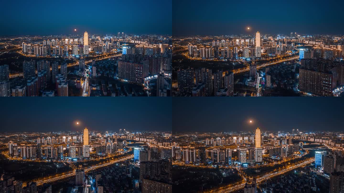 郑州CBD大玉米亮灯月亮夜景延时