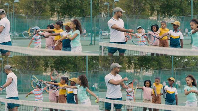 一群孩子和教练一起打网球。一名男子教快乐、可爱、多样化的网球运动员在球场上使用球拍