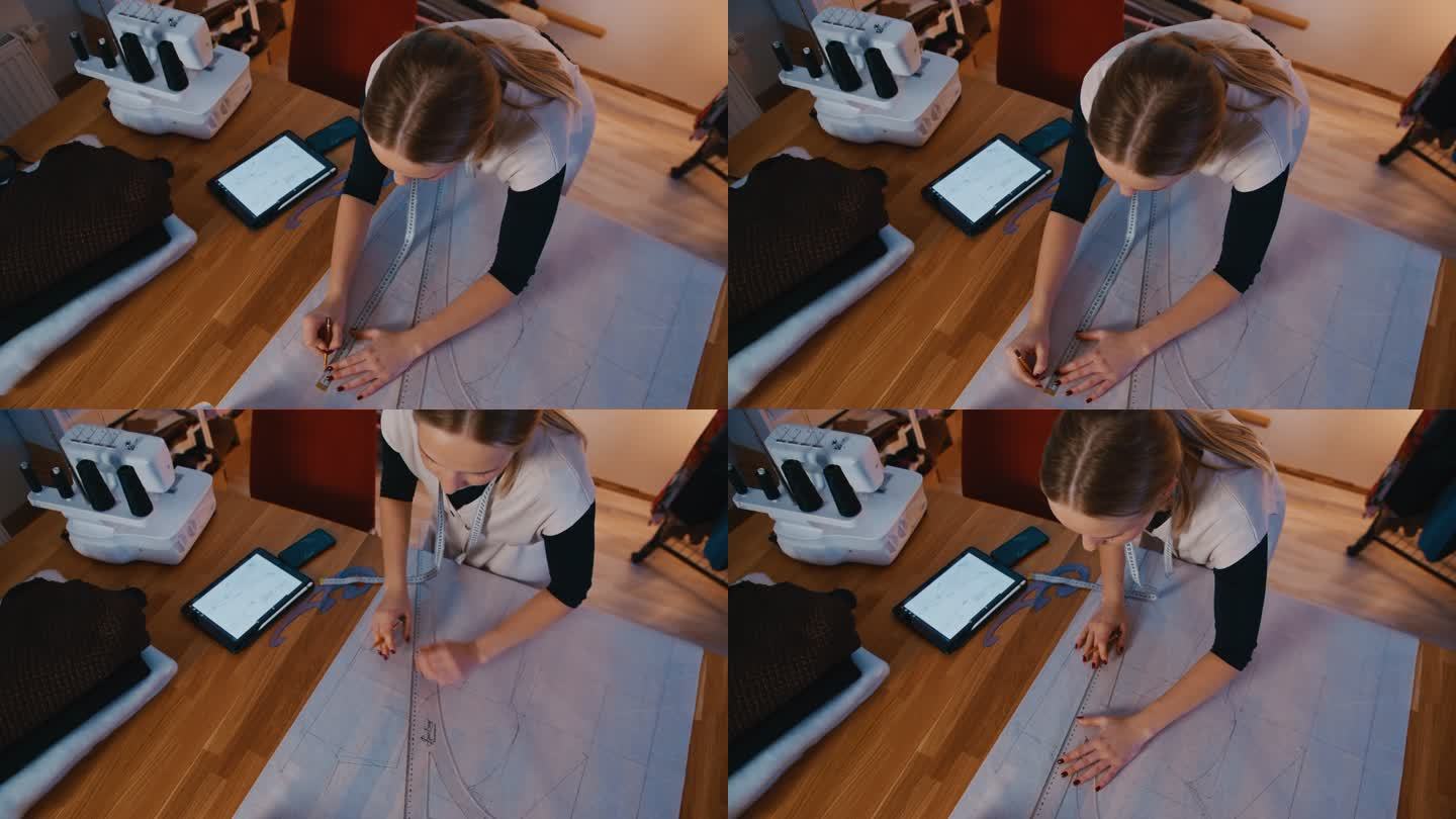 SLO MO年轻女裁缝在绘制未来面料产品的轮廓时使用数字平板电脑