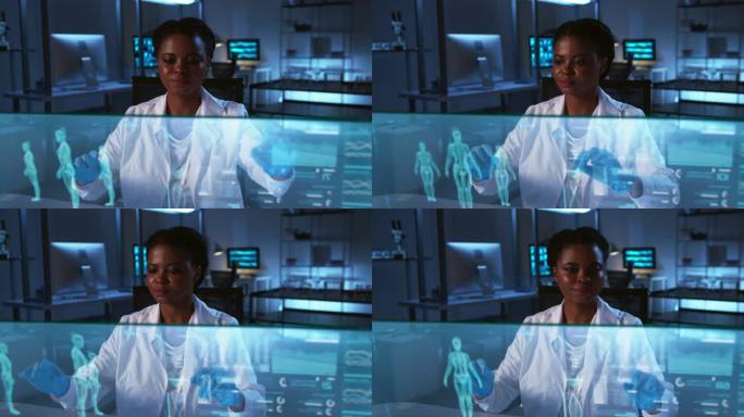 现代医学实验室。一位非裔美国医生研究透明液晶显示器上的数据。未来医学的概念。