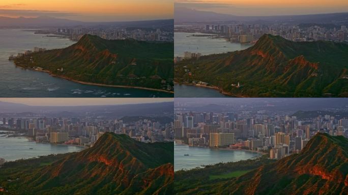 日落时分，夏威夷檀香山空中钻石头陨石坑和威基基陨石坑