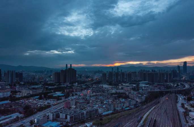 云南昆明日落大范围航拍延时