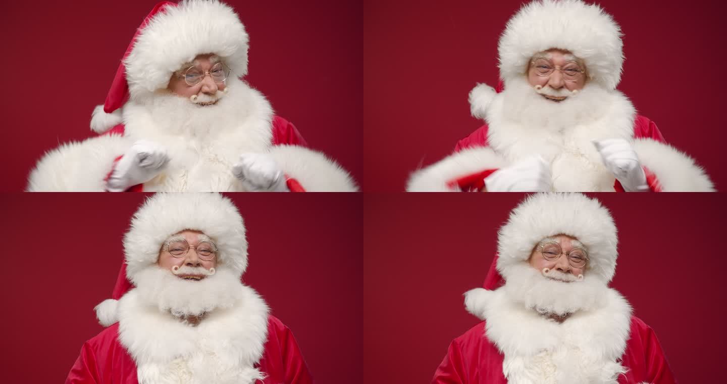 一个快乐的圣诞老人在庆祝什么，他在拍手，跳舞，竖起大拇指