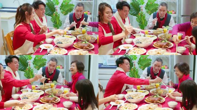 中国除夕晚餐春节一家人聚餐热闹