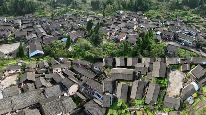 川西传统古村落航拍青瓦房建筑风格