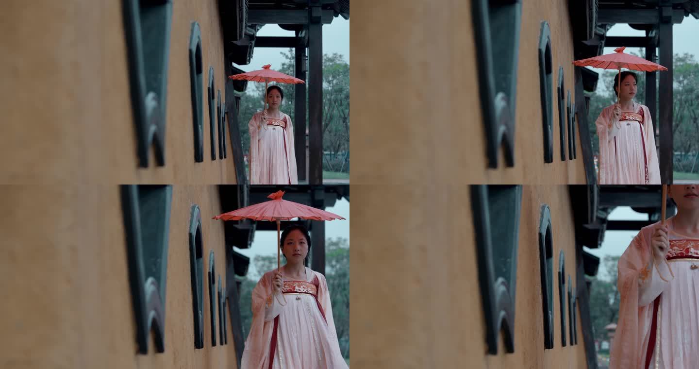 【4K原创版权】古风美女撑太阳伞走过红墙