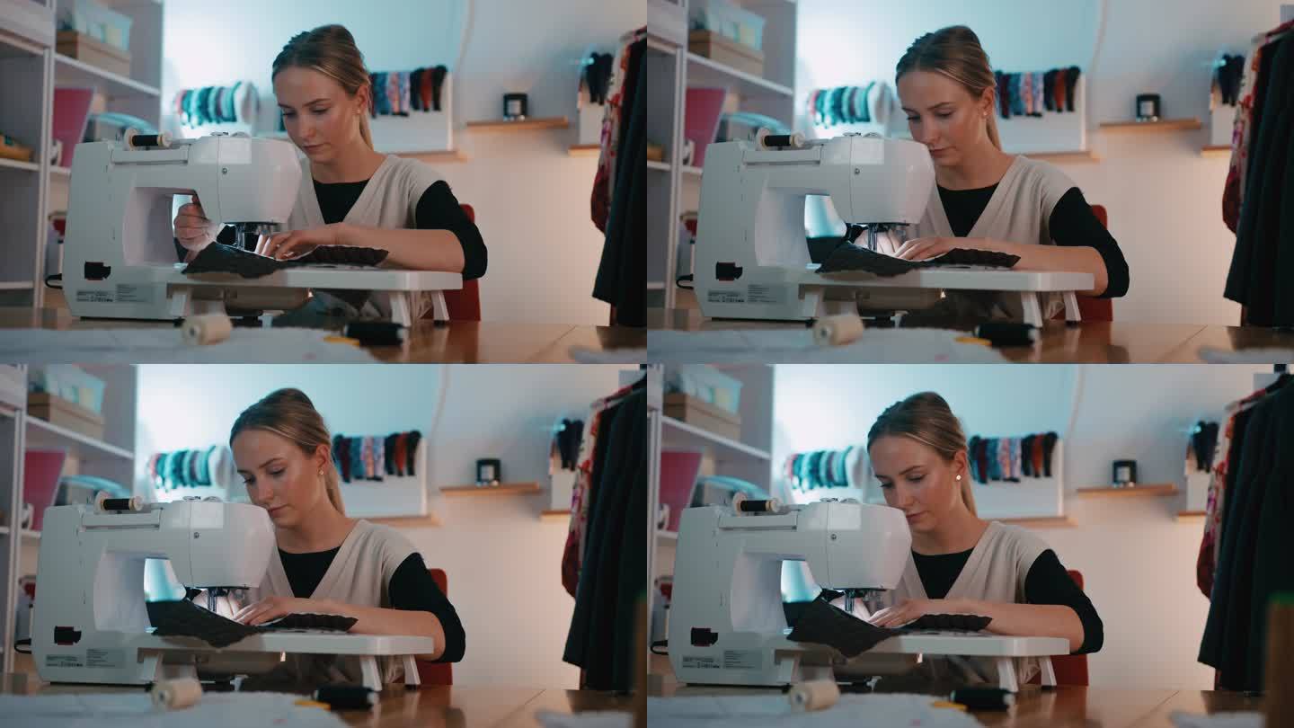 DS年轻女裁缝在工作室用缝纫机缝纫