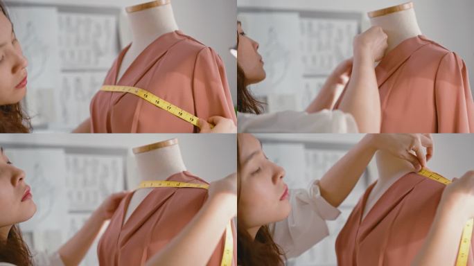 从事卷尺测量和裁剪人体模特的女裁缝