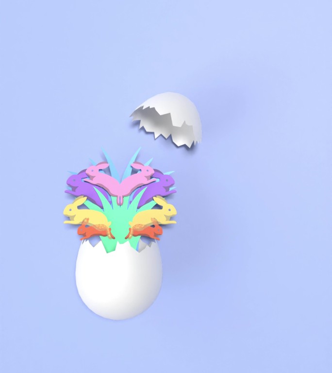 抽象剪纸3D纸艺术复活节兔子从破裂的复活节彩蛋中跑出来，分辨率为4K