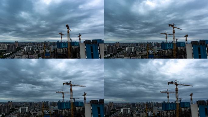 城市建筑工地乌云滚滚暴雨将至延时转场空镜