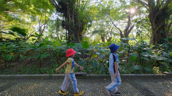 小孩子走在校园小路上