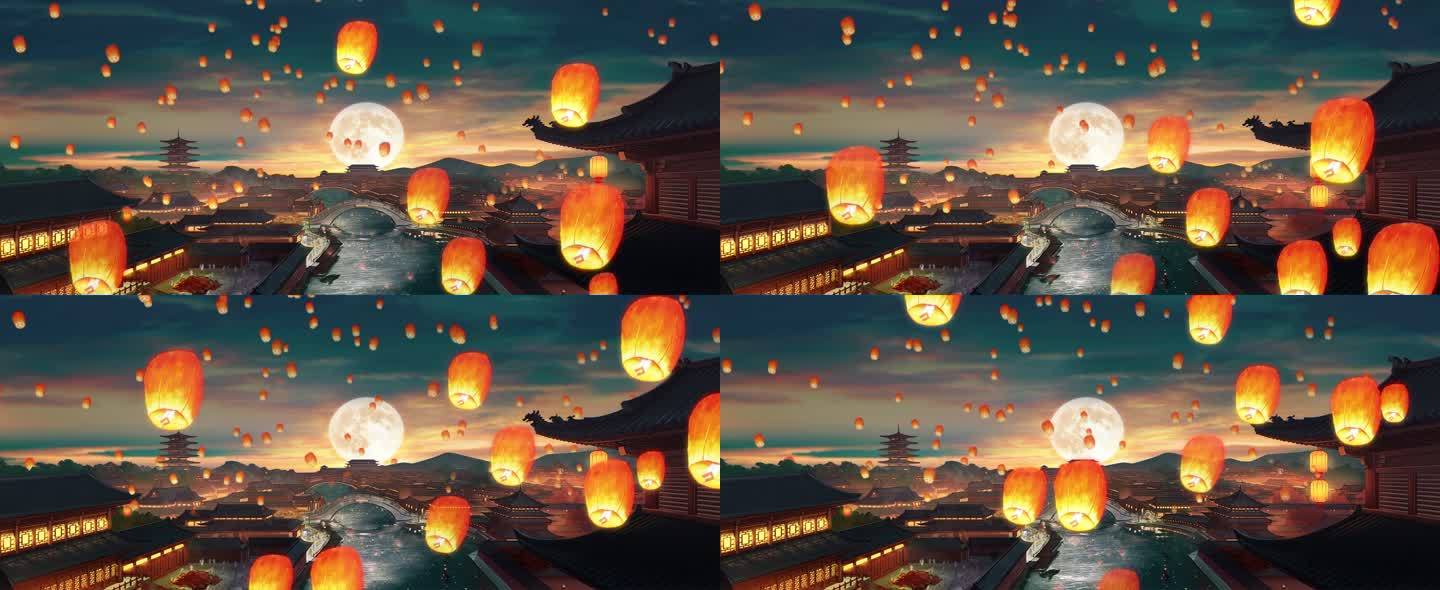 孔明灯中国风夜景LED背景动画