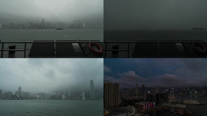 香港维多利亚港暴雨天气 刮风球 台风