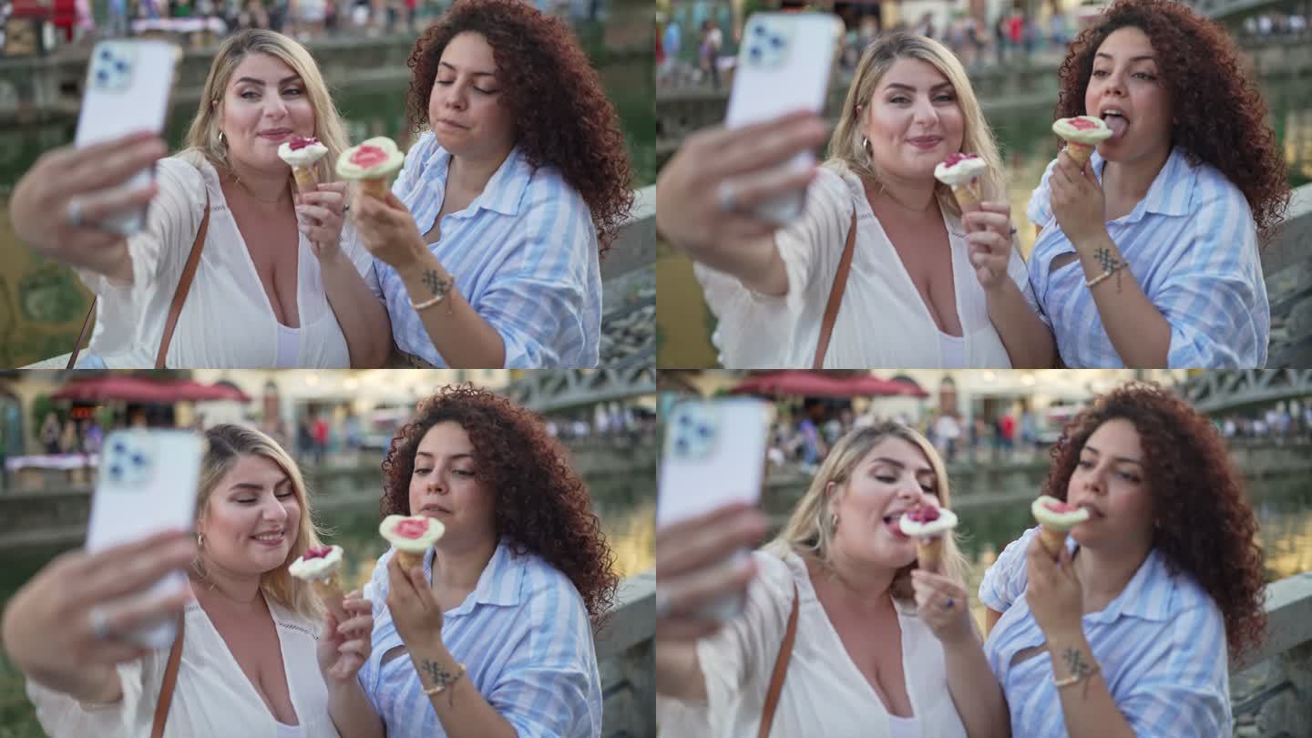 两个女人正在吃自拍和冰淇淋