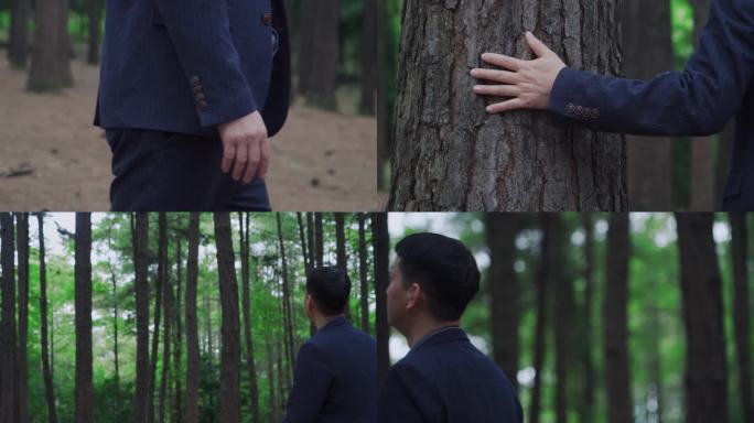 男人森林漫步保护自然广告触摸树干写意商务