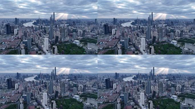 上海陆家嘴城市地标日出丁达尔云隙光航拍