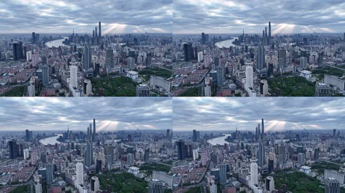 上海陆家嘴城市地标日出丁达尔云隙光航拍