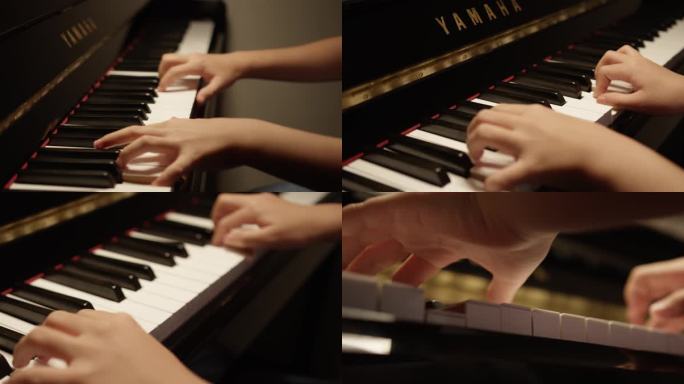 弹钢琴，孩子手，教培，琴键特写
