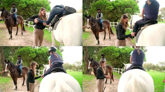 女教练帮助女孩骑白马