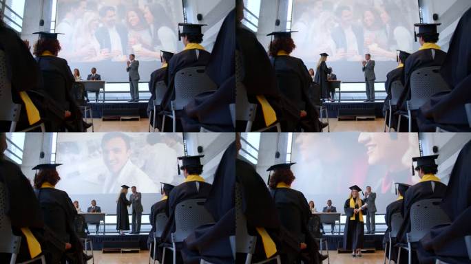 收到毕业证书的漂亮女生与董事会成员握手，然后举手看着她的同学们