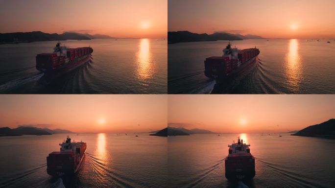 4K航拍夕阳海面货轮（角度2）