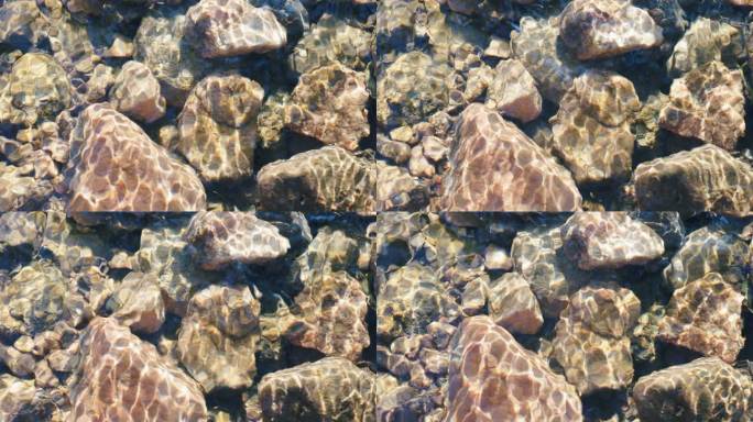 4K阳光下波光粼粼清澈河流里的石头