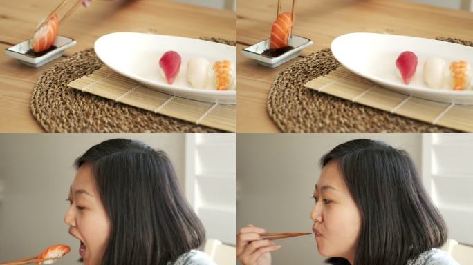 吃寿司女人吃寿司刺身日本食物