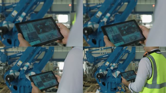 4K男女工程师检查机器人手臂的移动，以控制现代化工厂自动化生产线的质量